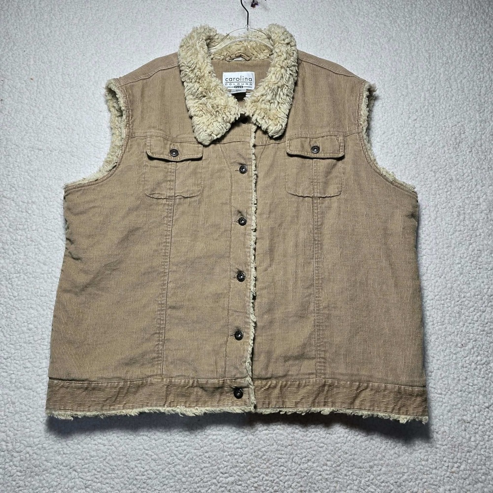 Carolina Colours Plus Tan Corduroy Faux Shearling Trim Quilted Vest Womens 22/24
